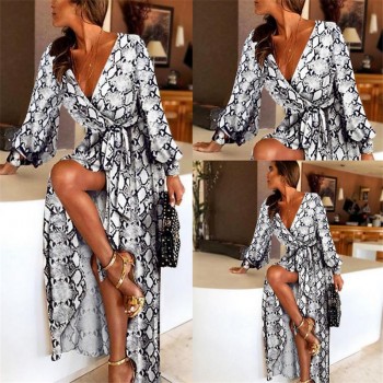 Sexy V-Neck Leopard Printed Long Sleeve Long Maxi Dresses Ladies Summer Snake Skin Print Party A-Line Dress